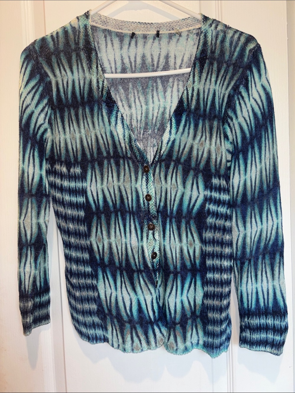 BLUE AND GREEN OPEN KNIT BUTTON DOWN SWEATER LINEN AND VISCOSE LIGHT WEIGHT - Picture 2 of 8